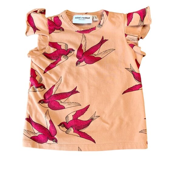 MINI RODINI Pink Bird Print Baby T-Shirt Girls 9-18 Mos Organic Cotton Top Tee - Picture 1 of 5